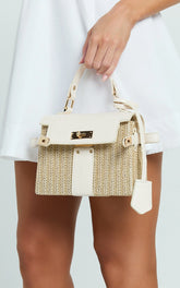 Top Handle Crossbody Straw Bag in Neutral
